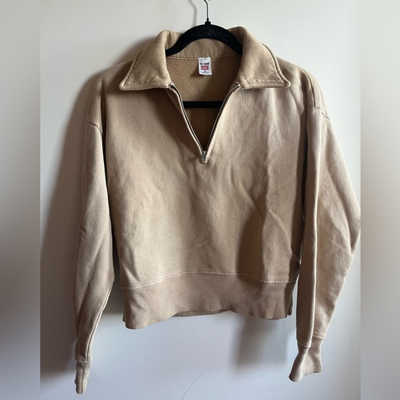Re/done Hanes Cotton Tan Half-Zip Sweater in Faded Khaki XS - Picture 1 of 12